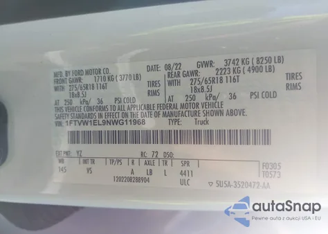 2022 Ford F-150 Lightning Pro z USA, uszkodzony, nr VIN 1FTVW1EL9NWG11968